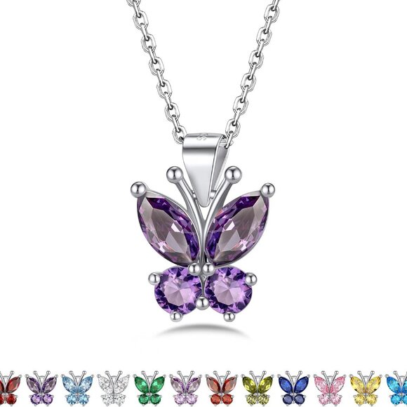Sterling Silver Butterfly Necklace for Women, Dainty Cute Birthstone Jewelry Ide